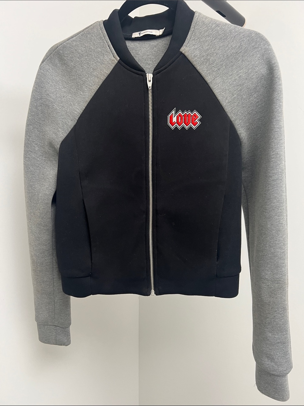 T by Alexander Wang Black & Gray Bomber Jacket with Red 'Love' Patch